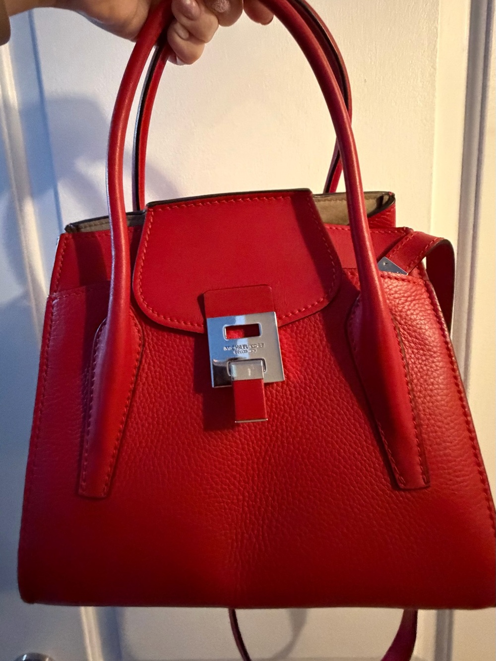 Michael Kors Collection Red Leather Pebbled Satchel with Silver-Tone Lock